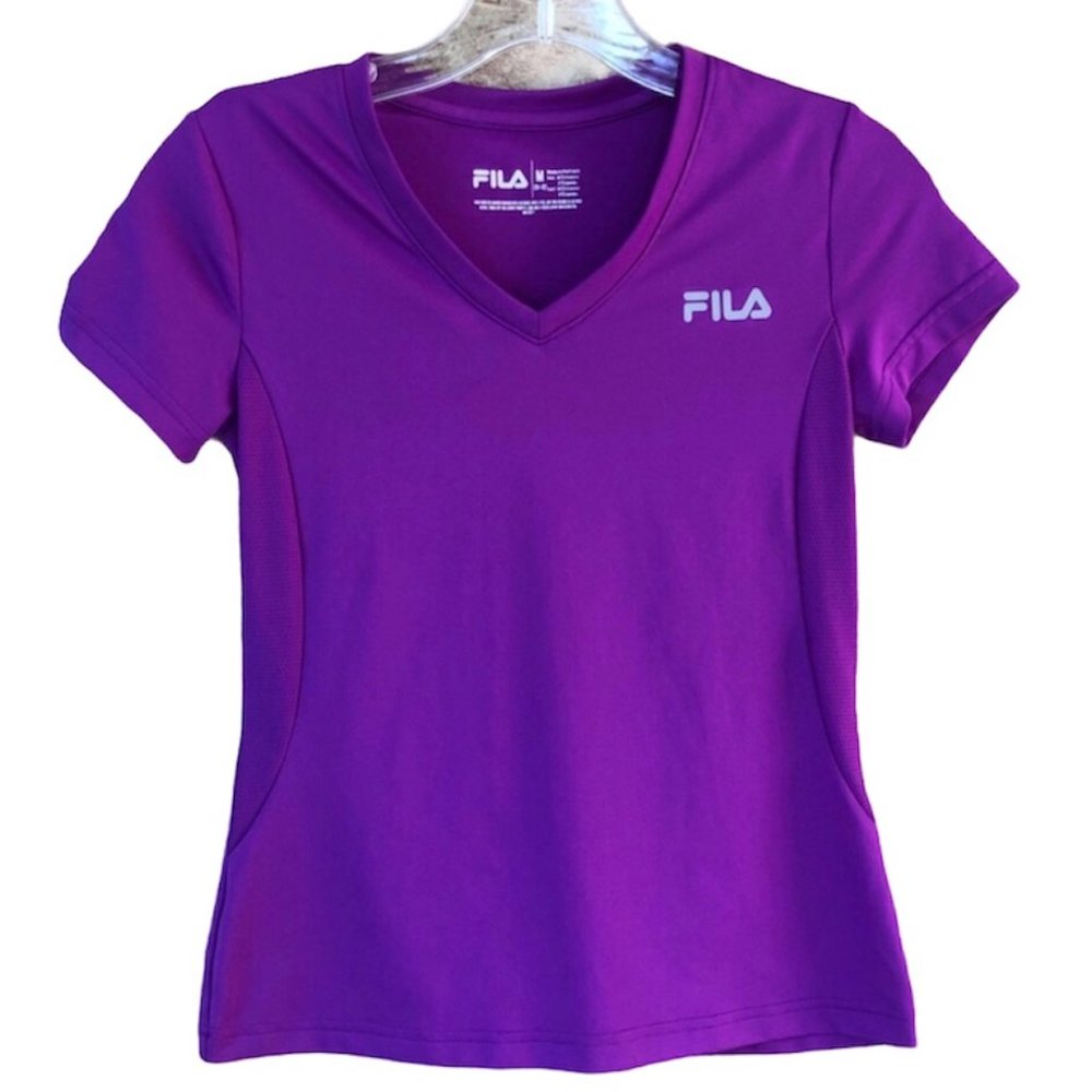 FILA Sport Quick Dry Top Active V Neck Short Sleeve Purple Shirt EUC Youth Tee M
